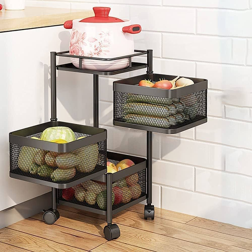 5-Tier Metal Rolling Fruit & Vegetable Storage Basket | Kitchen Organizer Trolley with Wheels | Black