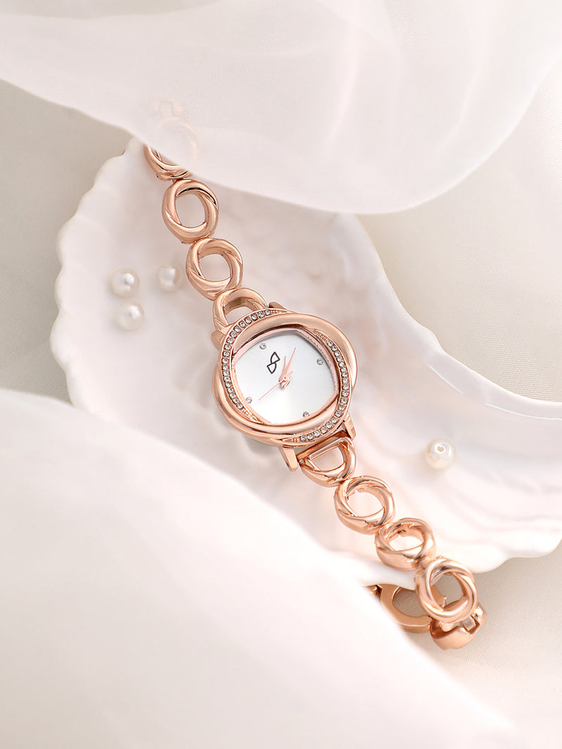 Women's Luxury Rose Gold Crystal Studded Bracelet Analog Watch | Elegant Party Wear Wrist Watch