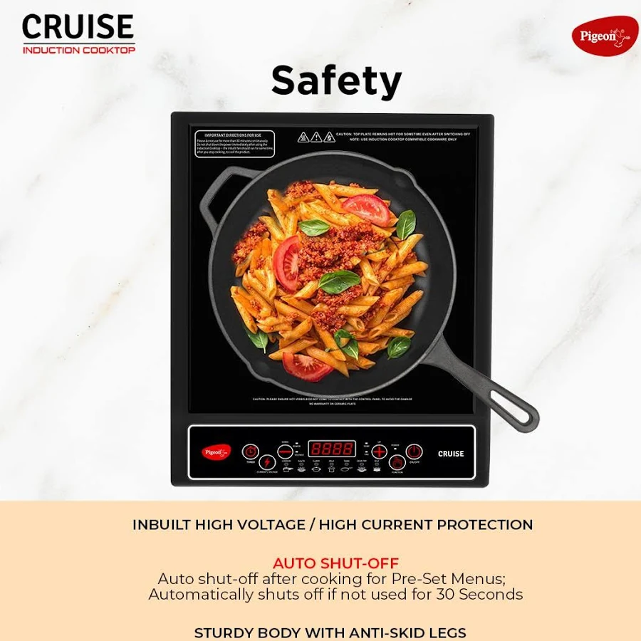 Pigeon Cruise 1800W Induction Cooktop with Crystal Glass Top, LED Display & 7 Preset Cooking Menus (Black)