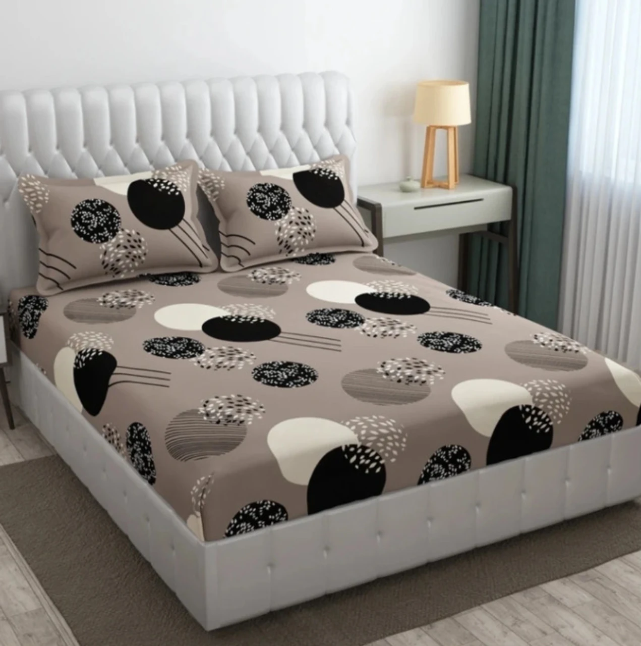 TrueBuy Cotton Double Fitted (Elastic) 320 TC Printed Double Bedsheet with All-Round Elastic, 2 Pillow Covers, Burgundy Abstract Circle Design