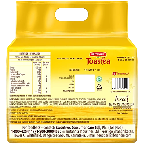 Britannia Toastea Premium Bake Rusk With Goodness of Elaichi, Sooji & Wheat, 1 kg
