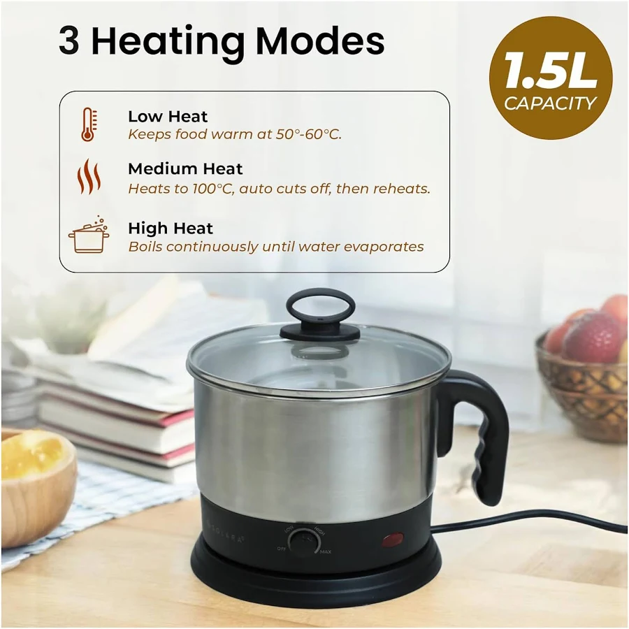 Solara Multipurpose Electric Kettle | Stainless Steel | Portable Electric Cooking Pot with Glass Lid | Auto Cut-Off