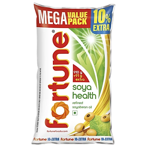 Fortune Soya Health Refined Soyabean Oil, Cholesterol-Free Cooking Oil, Rich in Omega 3 & 6, 1 L Pouch