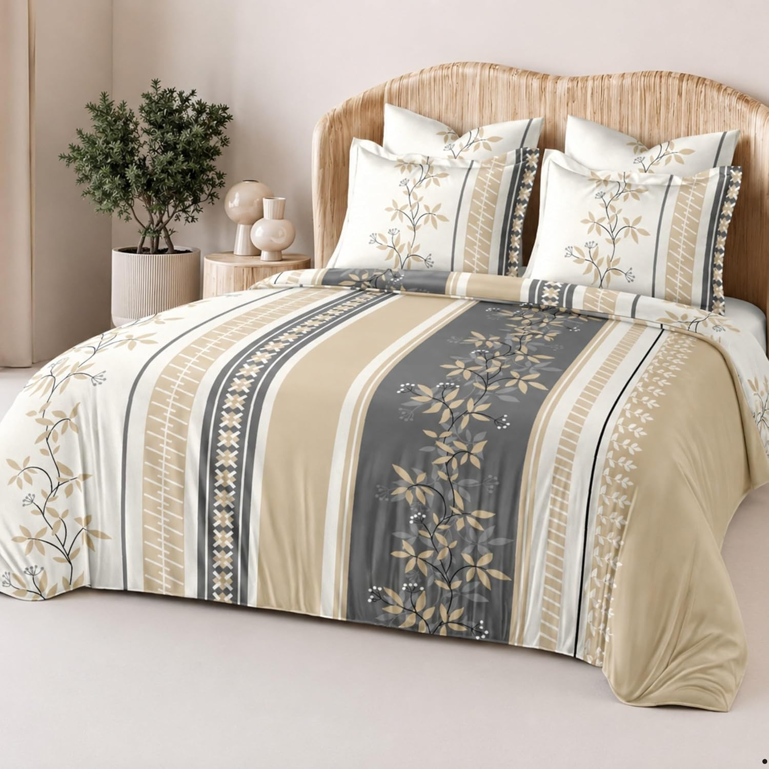 Raymond 100% Cotton Printed Double Bedsheet with 2 Pillow Covers | Soft & Breathable | King/Queen Size 108 x 108 Inch | Botanic Stripe Design | Premium Home Furnishing
