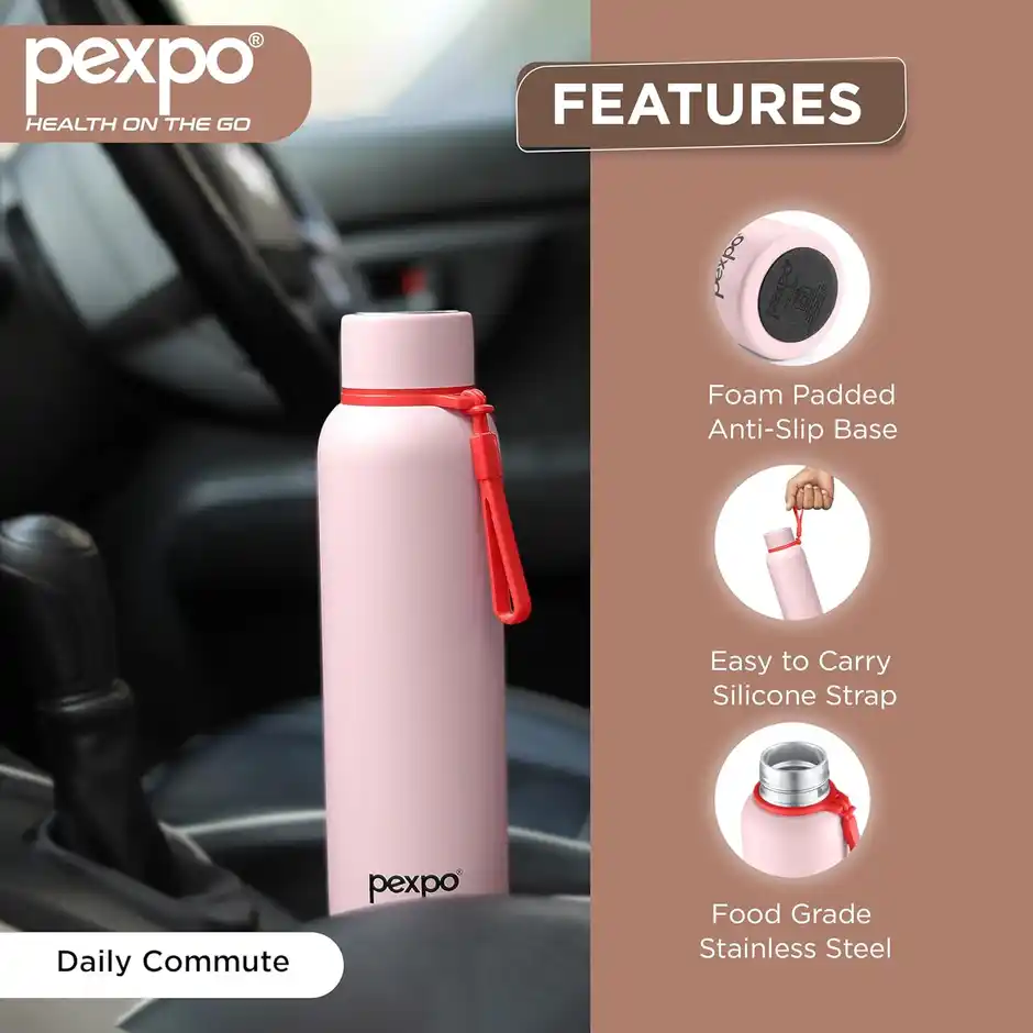 Go24 | Pexpo Bravo Hot & Cold ISI Certified Vacuum Insulated Thermosteel Flask (1 L, Baby Pink)