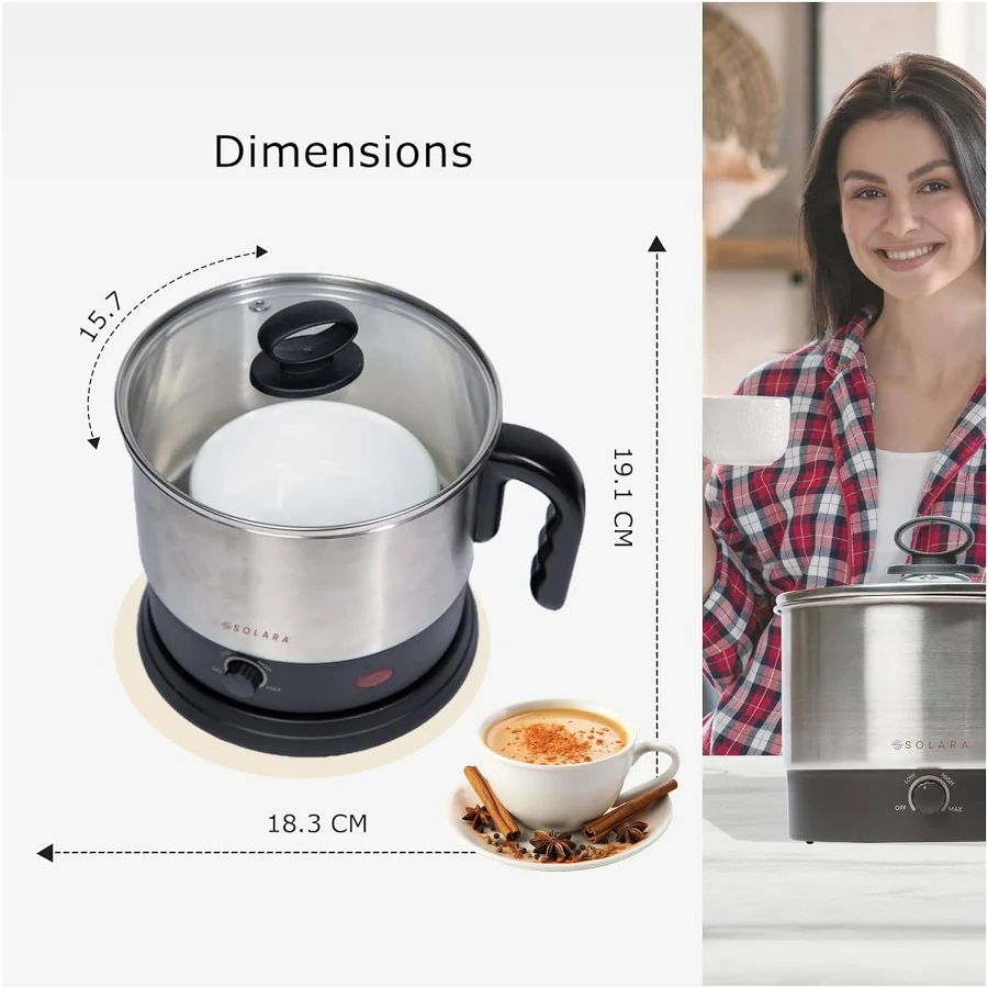 Solara Multipurpose Electric Kettle | Stainless Steel | Portable Electric Cooking Pot with Glass Lid | Auto Cut-Off