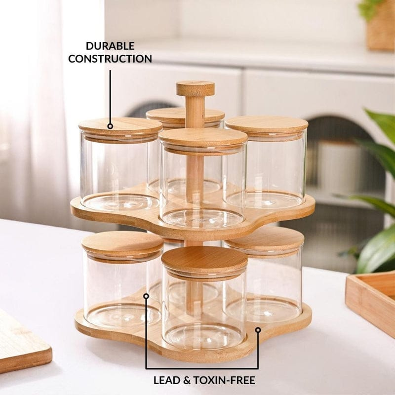 6-Piece Glass Dry Fruit Storage Jar Set with Bamboo Rotating Stand | Airtight Snack & Spice Organizer