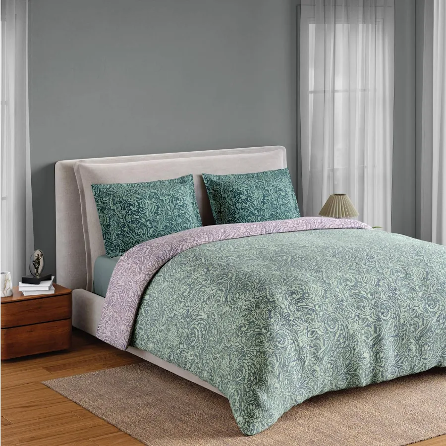 Spaces Flora Double Bedsheet with 2 Pillow Covers | 100% Cotton | Paisley Print | Green