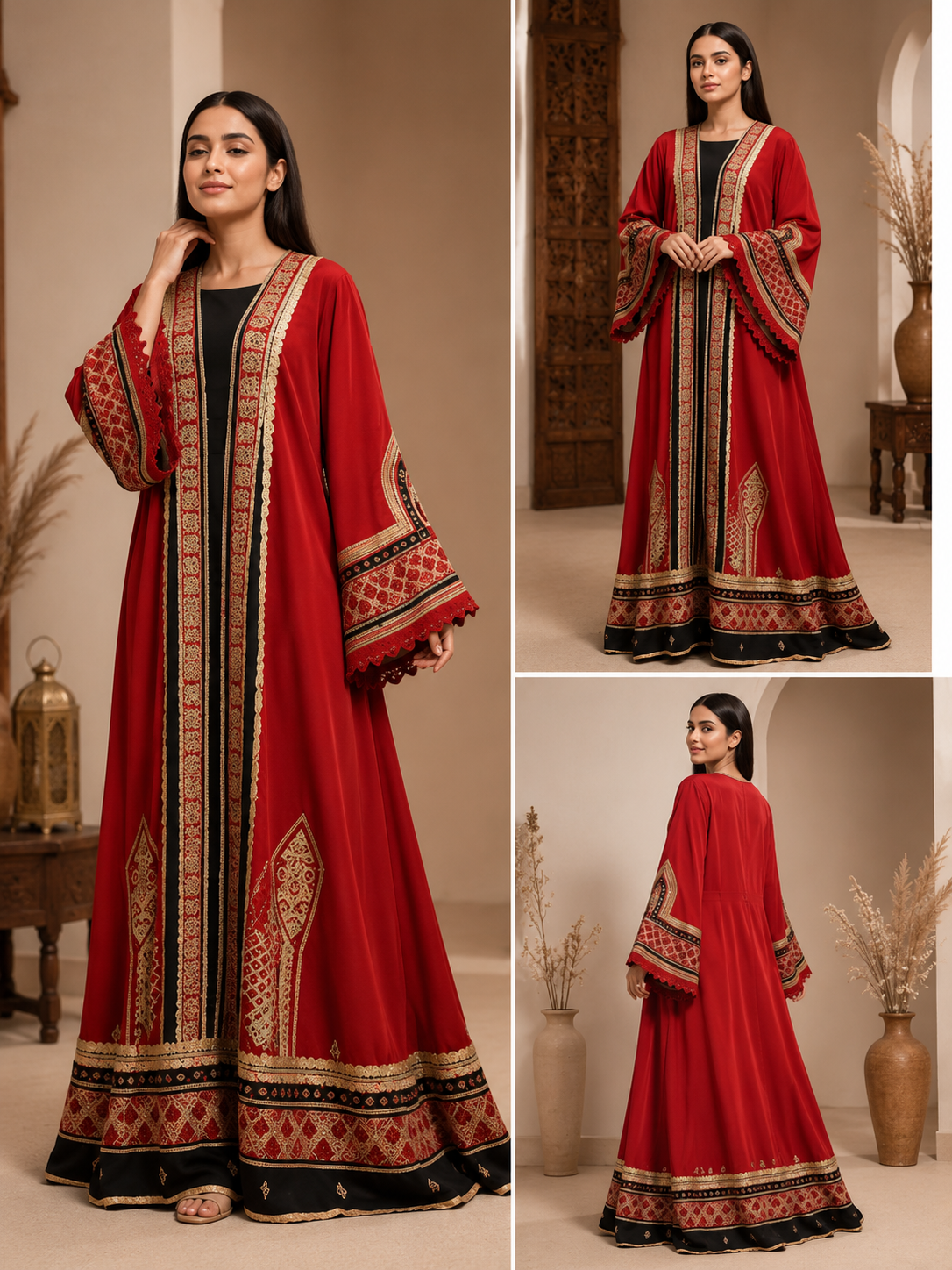 Women's Red Embroidered Open Front Abaya | Arabic Kaftan Maxi Gown | Modest Party Wear Dress