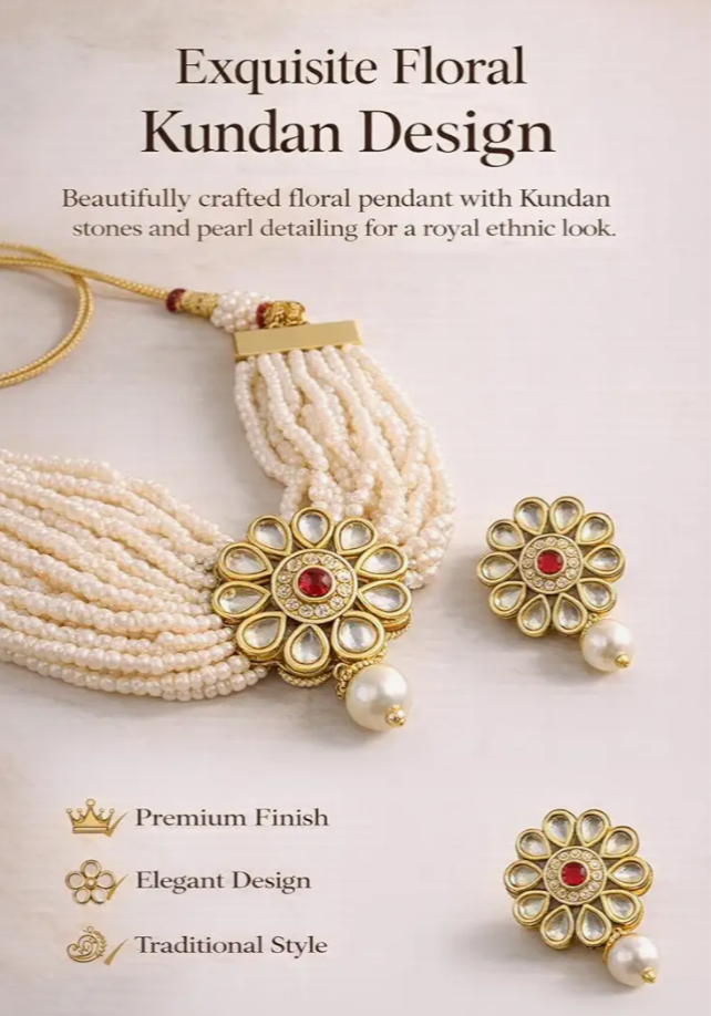 Premium Multi-Layer Pearl Kundan Necklace  Set with Earrings |  Traditional Ethnic  Jewellery for Women