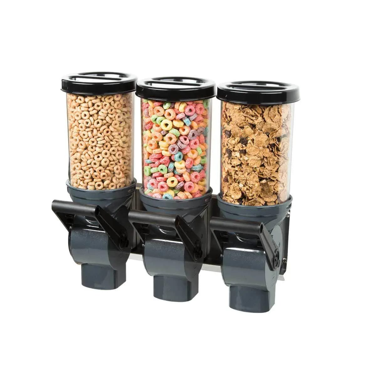 Triple Dry Food Dispenser | Wall Mounted Cereal & Grain Storage Container | 3-Compartment Food Storage Organizer with Rotary Dispensing Lever | Airtight Kitchen Storage Jar | Black