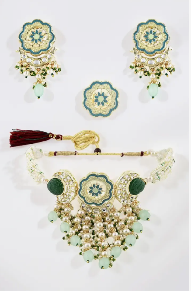 Traditional Kundan Meenakari Choker Necklace Set with Earrings & Ring | Mint Green Pearl Bridal Jewelry Set