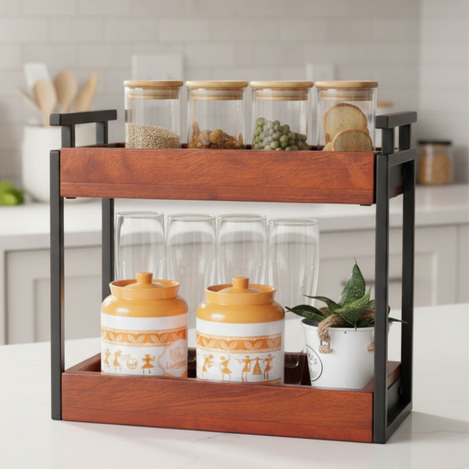 2-Tier Kitchen Countertop Organizer Rack | Multipurpose Wooden & Metal Storage Shelf | Spice Rack, Jar Holder & Kitchen Counter Organizer